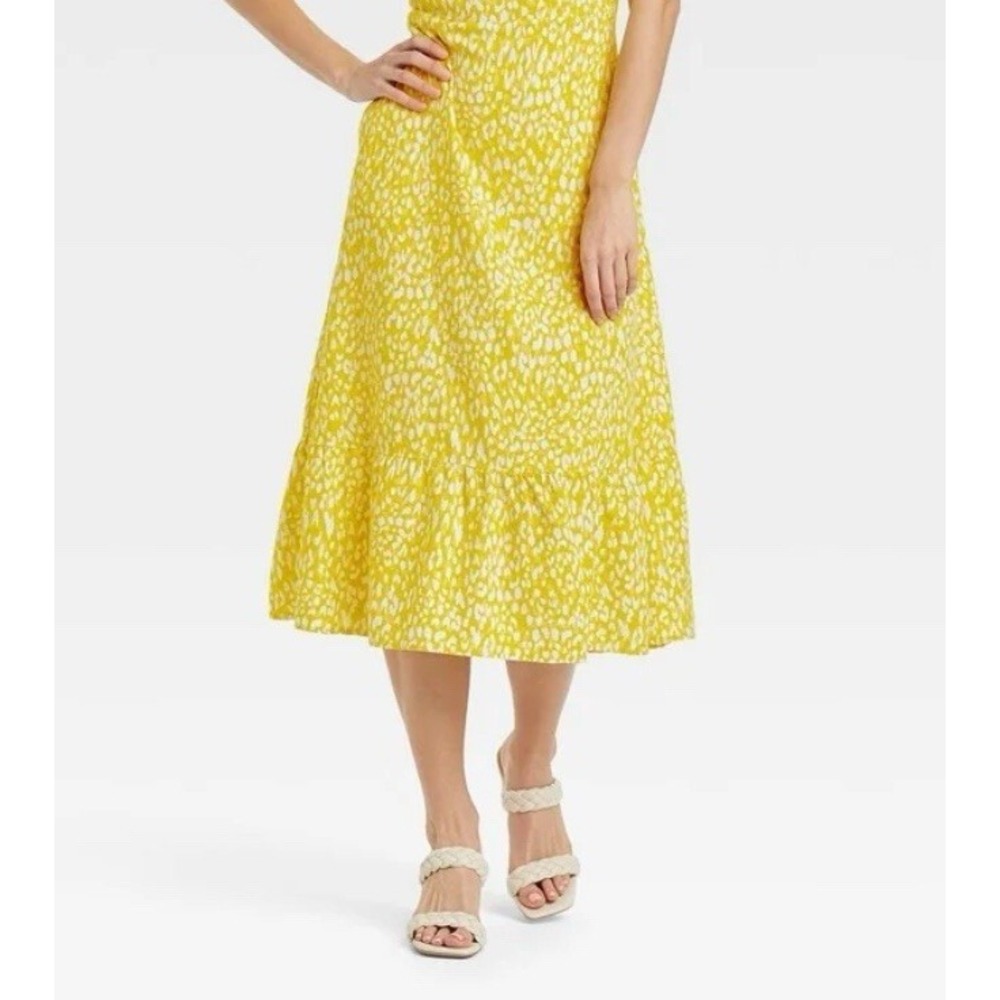 Who What Wear Yellow Midi Skirt Sz L S animal Print Tiered Ruffled Women's